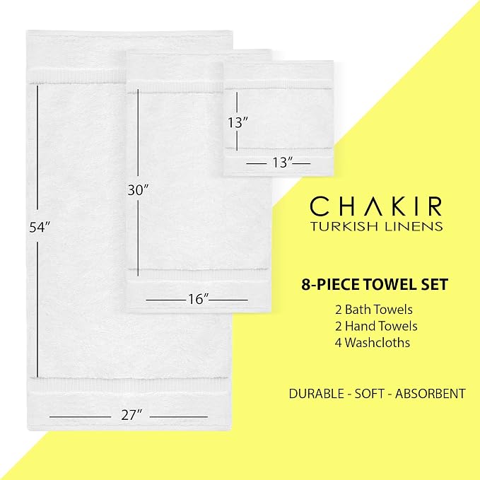 Chakir Turkish Linens Set of 8 Towel Set, 100% Cotton Luxury Turkish Towels for Bathroom, Soft Absorbent Bath Towel Set with 2 Bath Towels 2 Hand Towels 4 Washcloths, White