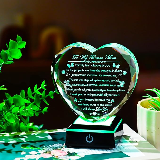 Arikyrist Bonus Mom Gifts with Colorful LED Base Crystal Heart Mothers Day Birthday Gifts for Stepmother Bonus Mom from Bonus Daughter Son Gift for Stepmom Mother in Law on Christmas Valentines