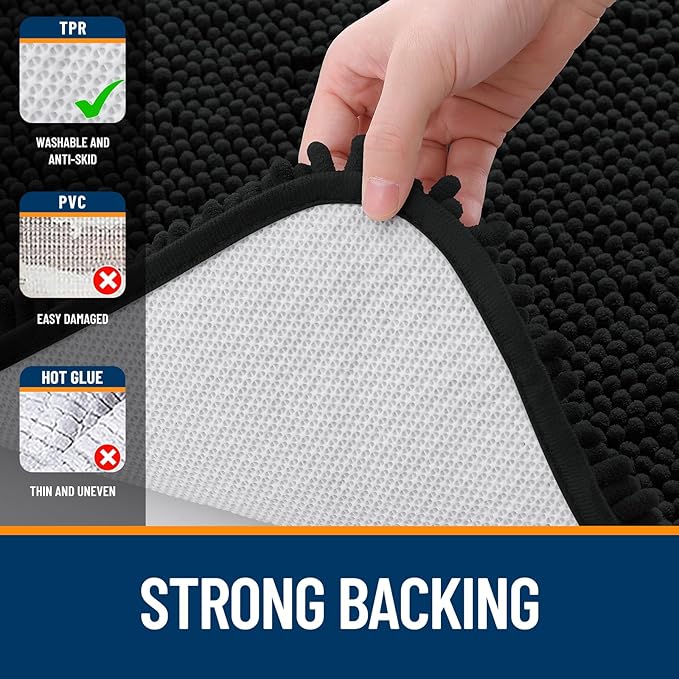 OLANLY Bathroom Rugs 35x24, Extra Soft Absorbent Chenille Bath Rugs, Rubber Backing Quick Dry, Machine Washable Bath Mats for Bathroom Floor, Tub and Shower, Home Decor Accessories, Black