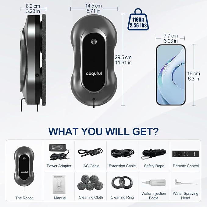 Intelligent Window Cleaning Robot - Electric Window Cleaner with Dual Water Spray, Remote & App Control, Suitable for Interior & Exterior Windows, Includes 12 Cloths, Grey
