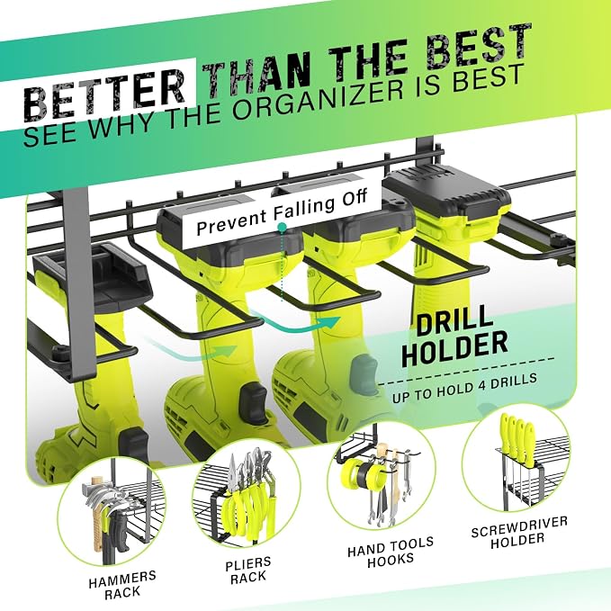 SUNALLY Power Tool Organizer, 4 Drill Holder Wall Mount, Garage Tool Organizer and Storage with Screwdriver Holder, Garage Organization, 4 Layer Cordless Drill Holder with Hammer Holder