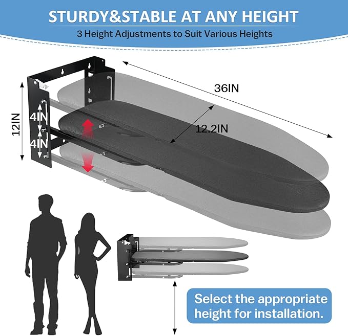 Wall Mounted Ironing Board Height Adjustment Fold Down Ironing Board | 36 x 12 Inch Wall Mount Space-Saving Iron Board with Removable Heat Resistant Cover for Laundry Room, Home, Small Spaces