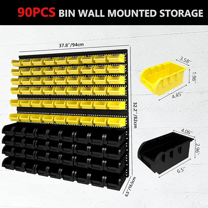 90Pcs Plastic Wall Mounted Storage Bins Parts Rack Nuts And Bolt Bins Organizer For Shop Garage for Screws, Nuts, Bolts, Nails, Beads, and Small Hardware Parts(YELLOW+BLACK, 90)