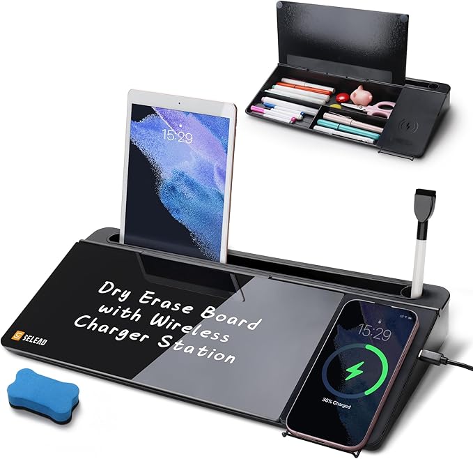 SELEAD Desktop Glass Whiteboard with Wireless Charger Station, Dry Erase Board Computer Pad Keyboard Stand with Organizer Drawer for Home, School, Office Desk Accessories, Black