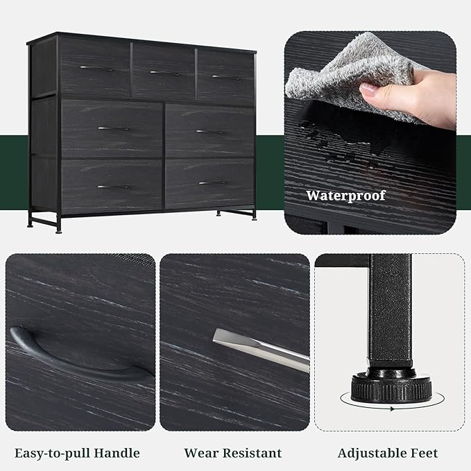 7-Drawer Dresser for Bedroom, Anti-Tip Wide Storage Organizer Fabric Chest of Drawers TV Stand for 45" TV with Wooden Top and Metal Frame for Closet, Living Room, Hallway, Entryway, Charcoal Black