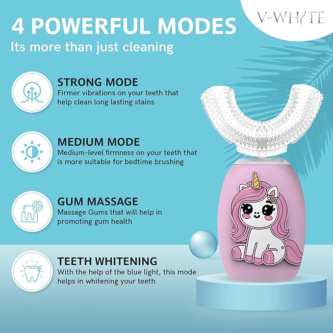 V-WHITE Kids Auto Brush Ultrasonic U-Shaped Toothbrush – 360° Teeth Cleaning, Hands-Free Electric Autobrush for Kids – Gum Protection, Waterproof IPX7, Wireless Charging (Pink)
