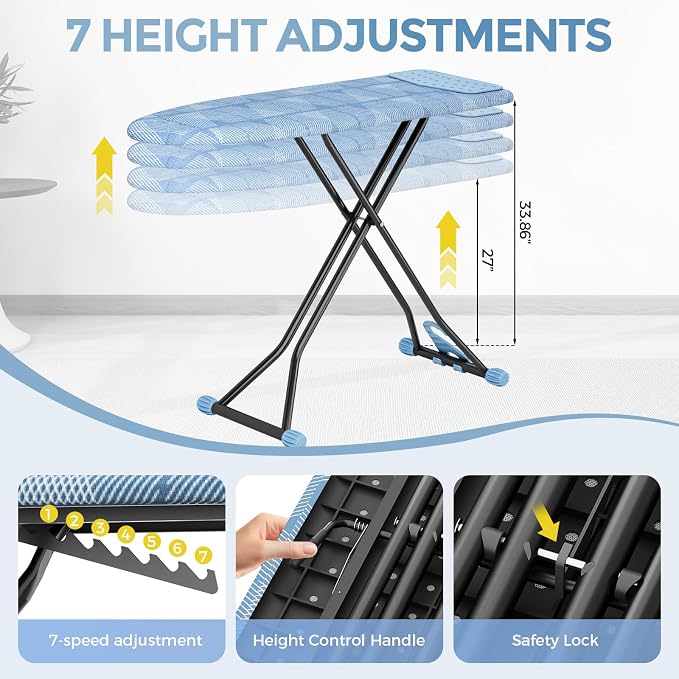 APEXCHASER Ironing Board with Iron Rest, Compact and Space Saver Iron Board, Extra Thick Cover, Height Adjustable, Wall Mount & Closet Hanger 13x43 Blue