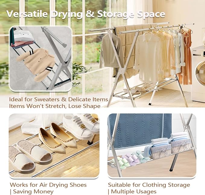 Clothes Drying Rack 2 Tiers, Heavy Duty Drying Rack Clothing Folding Indoor Outdoor, Stainless Steel Laundry Drying Rack, Foldable Garment Rack with 20 Windproof Hooks (84 Inches)