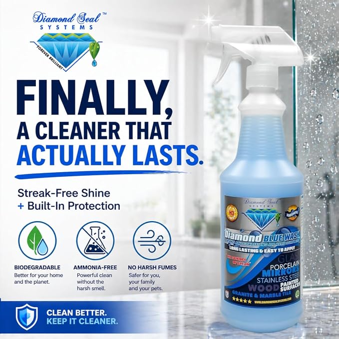 Made in the USA. Diamond Blue Repellent Wash Multi Surface. Cleans,Shine Best Cleaner for Glass, Granite, Countertops Wood & Stainless Steel. Direct from the Manufacturer 32oz Easy to use spray bottle