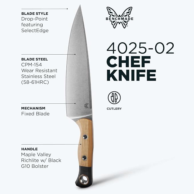 Benchmade Chef Knife Kitchen Knife, CPM-154 Steel Blade (4025-02) | Maple Valley Black Bolster Richlite / G10 handle with black bolster, Drop-Point blade