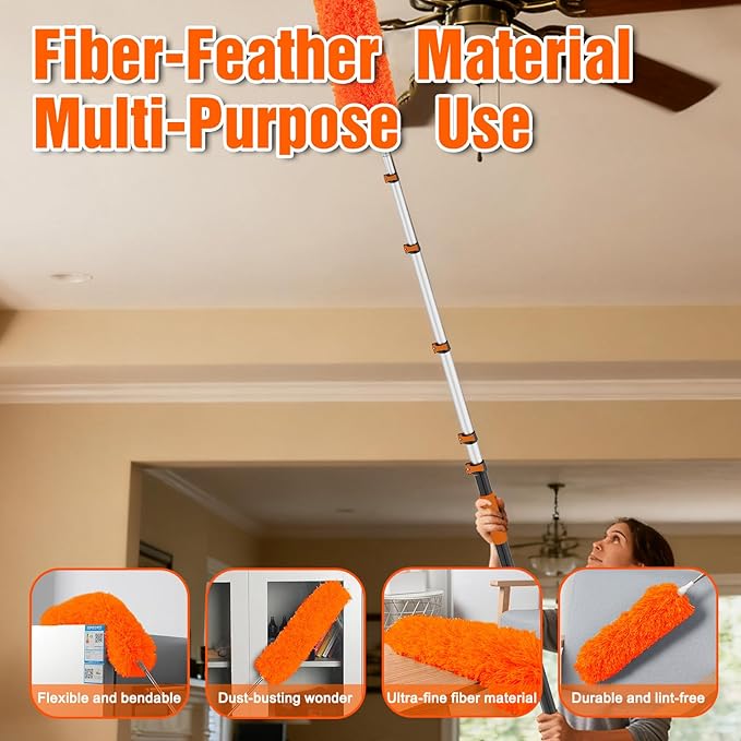 26FT Reach Duster Kit, Window Cleaning with 5-20FT Telescoping Extension Pole, High Ceiling Duster, Microfiber Feather Duster, Cobweb Duster, Window Squeegee, Feather Duster, Extendable Pole Kit