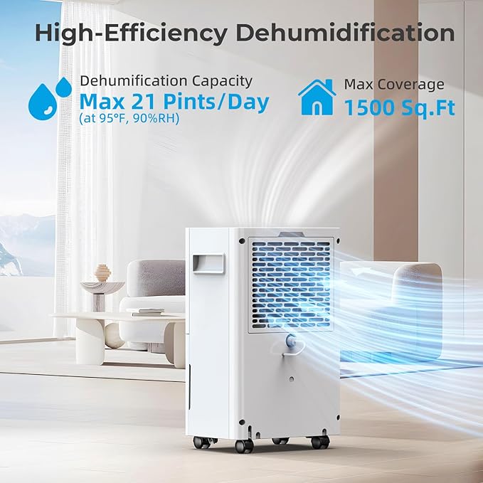 PLUSCENT 21 Pints Dehumidifier for Basement, 1500 sq.ft Portable Dehumidifiers for Home with Drain Hose, 3 Modes, Auto Defrost, 24H Timer, Quiet Smart Humidity Control for Bedroom, Bathroom, RV