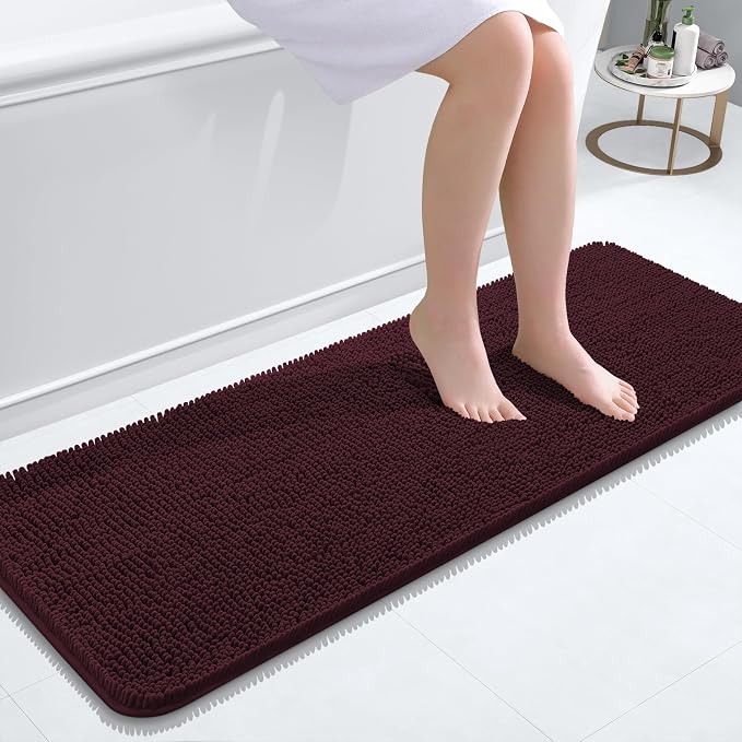 OLANLY Bathroom Runner Rugs 47x17, Soft Absorbent Chenille Bath Rugs, Rubber Backing Quick Dry, Machine Washable Long Bath Mats for Bathroom Floor, Tub and Shower, Home Decor Accessories, Black Cherry