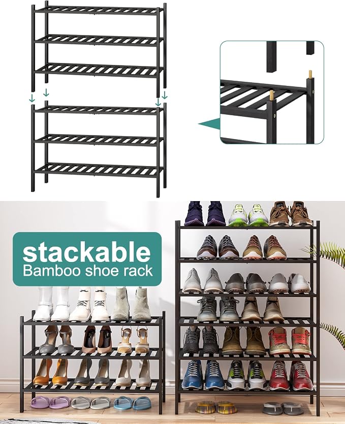 viewcare 3-Tier Black Bamboo Shoe Rack for Entryway, Stackable | Foldable | Natural, Shoe Shelf Storage Organizer for Hallway Closet, Free Standing Shoe Racks for Indoor Outdoor