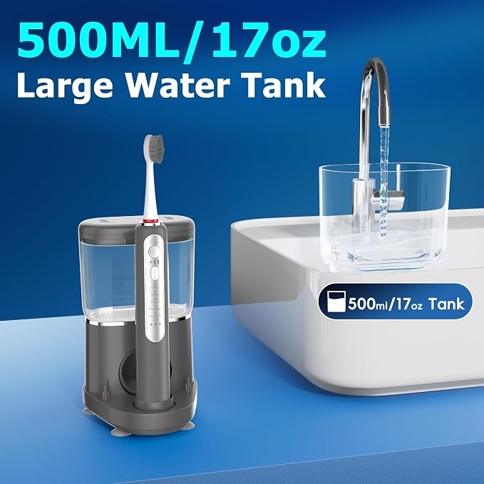 Electric Toothbrush with Water Flosser Combo,Sonic Flossing Toothbrush,Gray | 3-in-1,5 Brush Modes,500ML Tank,Gum Care,Braces Friendly ,Bridge Cleaning Sonic Toothbrush & Water Flosser Combo
