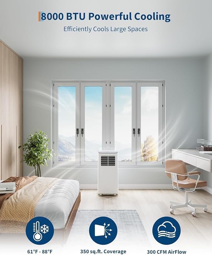 Garvee 3-in-1 Portable Air Conditioner, 8,000 BTU Portable AC Unit with Cooling, Dehumidifier & Fan for Rooms up to 350 sq.ft with Remote Control, Sleep Mode, 24H Timer and Window Kit