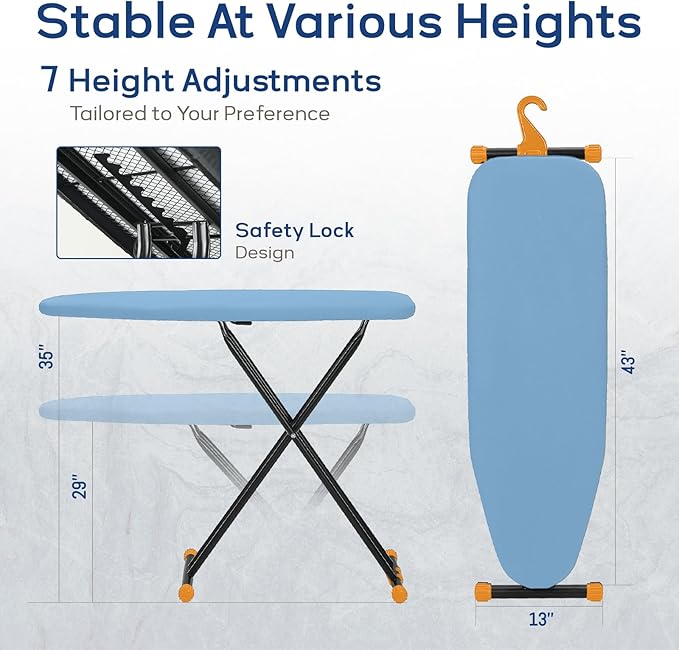 RAINHOL Compact Ironing Board Full Size 43x13 with Extra Thick Padded Cover, Height Adjustable Iron Board with Hanger, Easy to Fold Space Saver Design for Dorm Apartment Small Laundry Rooms, Blue