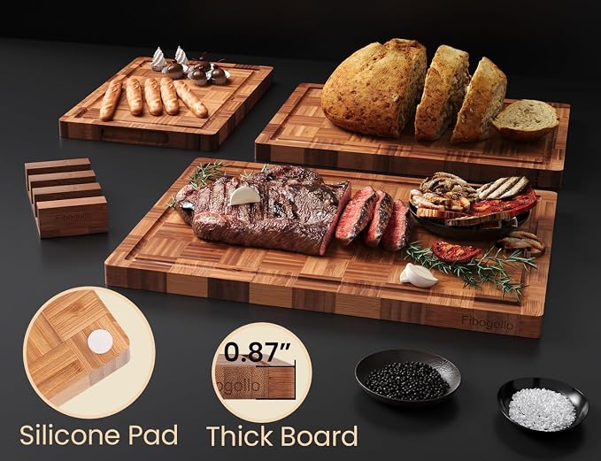 Fibogollo Set of 3 Bamboo Kitchen Cutting Boards with Juice Groove Large | Chopping Boards Set,End Grain Bamboo Butcher Block with Storage Stand,Serving Board and Charcuterie with Holderfor Meat