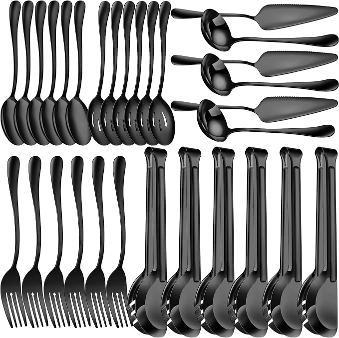 Thenshop 30 Pcs Serving Utensils Set Stainless Steel Flatware Serving Set Include Large Spoons Slotted Spoons Forks Soup Ladle Pie Server and Tongs for Buffet Catering Party Restaurant(Black)