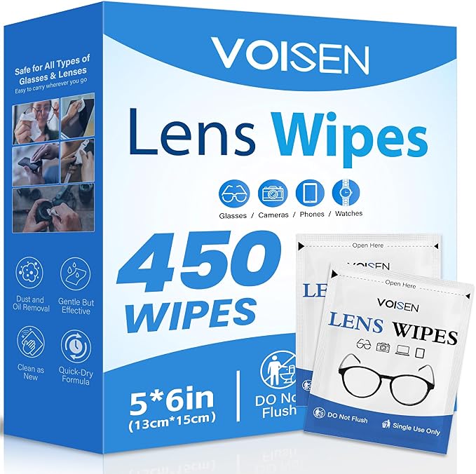 VOISEN Lens Wipes for Eyeglasses,450 Pack Eye Glasses Cleaner Wipes,Pre-Moistened Individually Wrapped Lens Wipes,Non-Scratching Non-Streaking,Safe for Eyeglasses, Goggles, Camera Lens, Phone