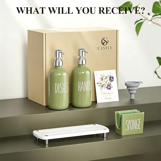 Cisily Kitchen Soap Dispenser Set Comes with Ceramics Sponge Holder, Silver Pumps, and Instant Dry Tray, Hand and Dish Soap Dispenser Set, Kitchen Sink Olive Green Decor