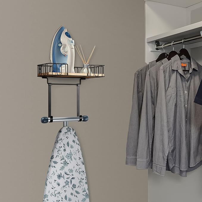 TJ.MOREE Ironing Board Hanger Metal Wall Mount Iron and Ironing Board Holder, Laundry Room Decor and Storage with Large Storage Black Wooden Base Basket and Removable Hooks