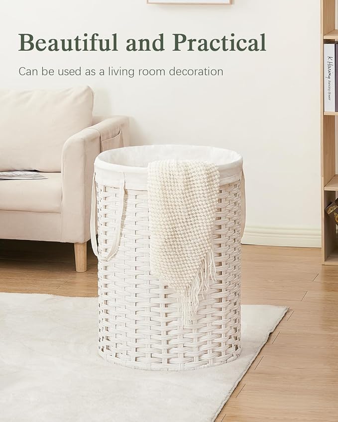 SETVSON Laundry Basket Round Rattan Laundry Hamper 29.1 Gal(110 L) Handwoven Large Wicker Basket with Handles, Wicker Hamper with Removable Bags and 2 Mesh Bags for Bathroom Living Room White(No Lid)