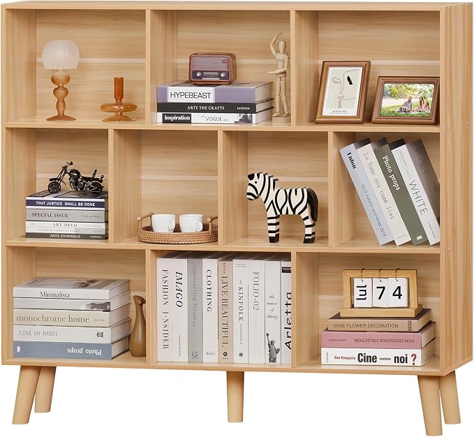 LEYAOYAO 10 Cube Bookshelf, Mid-Century Modern Book Shelf with Legs,Natural | 3 Tier Bookcase, Rustic Wood Bookshelves Freestanding Large Storage Organizer, Open Shelves for Bedroom, Living Room, Office