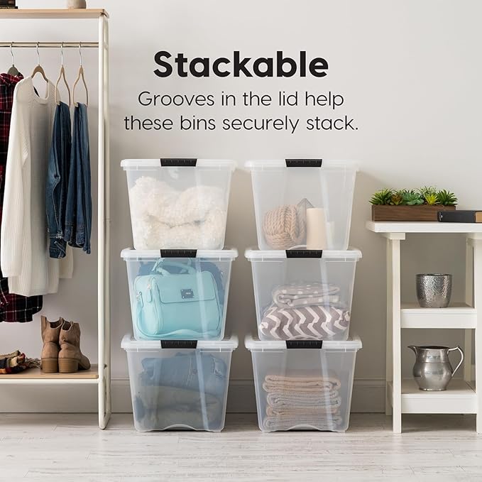 IRIS USA 12-Pack 54 Quart Stackable Storage Bins with Lids [Made in USA] - Everyday Organizer Latching Clear Plastic Organization Containers Closet Bedroom Shelving Units Home Storage - Clear/White