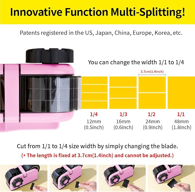 [TENDO°] TENDO Multi-Section Tape Dispenser, Custom Width Tape Cutter with 4 Cutting Sections, Built-in Safety Blade, Ergonomic Grip for Packing and Office Use, ZO-508(Pink)