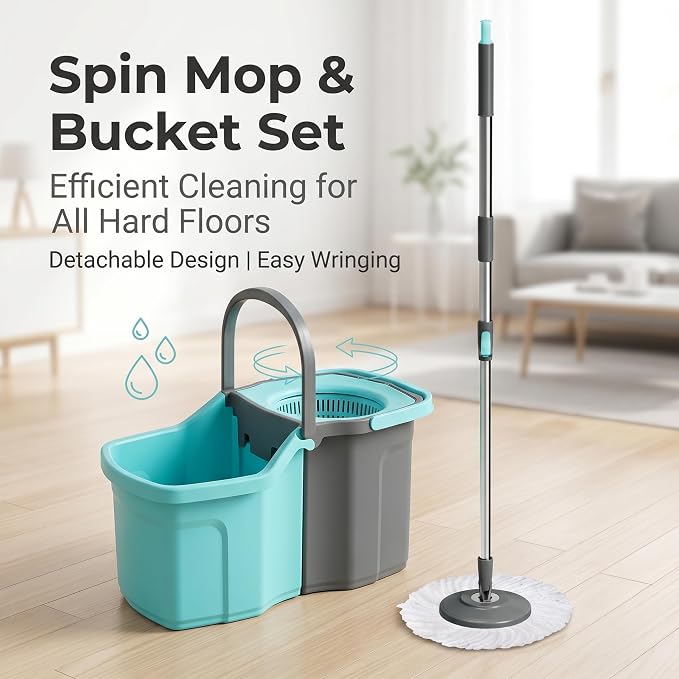 Spin Mop and Bucket Set with Telescopic Handle, Detachable Design, Hands-Free Wringing, 2 Microfiber Mop Heads,Blue/Gray
