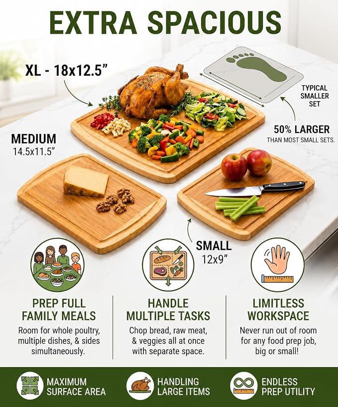 Greener Chef Luxury XL Bamboo Cutting Board Set of 3 with Vertical Grain Strength Technology - Extra Large Wood Cutting Boards for Kitchen and Lightweight Chopping Board Set - Replacements for Life