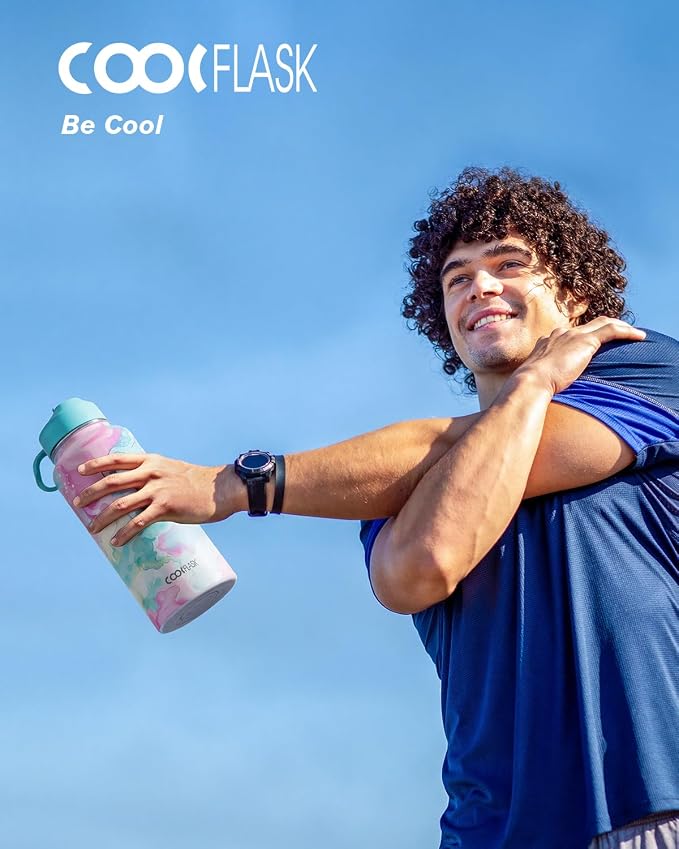 Coolflask Water Bottle Insulated with Straw & 3 Lids, 32 oz Water Jug Large Metal Stainless Steel Wide Mouth for Sports, Gym or Office, Non-BPA Keep Cold 48H Hot 24H, Pastel Sorbet