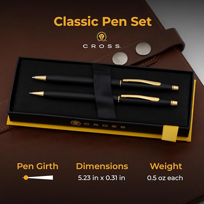Cross Classic Century Engraved Ballpoint Pen and 0.7mm Pencil Set, Matte Black with 23k Gold Trim, Personalized Gift for Graduation, Retirement, Career Advancement, Gift Box Included