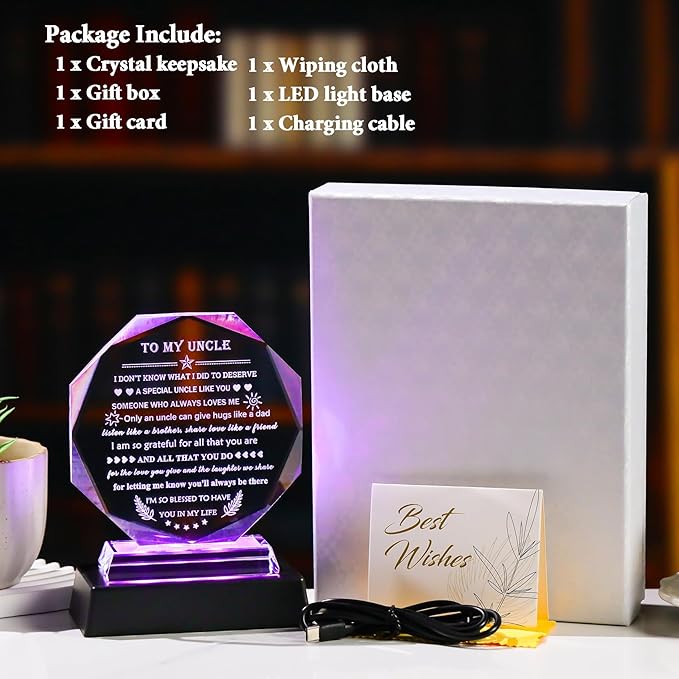 YWHL Meaningful Gifts for Uncle from Niece Nephew with Colorful LED Base, Fathers Day Birthday Gifts for Uncles Crystal Keepsake Present Best Uncle Ever Gifts on Christmas Thanksgiving Day