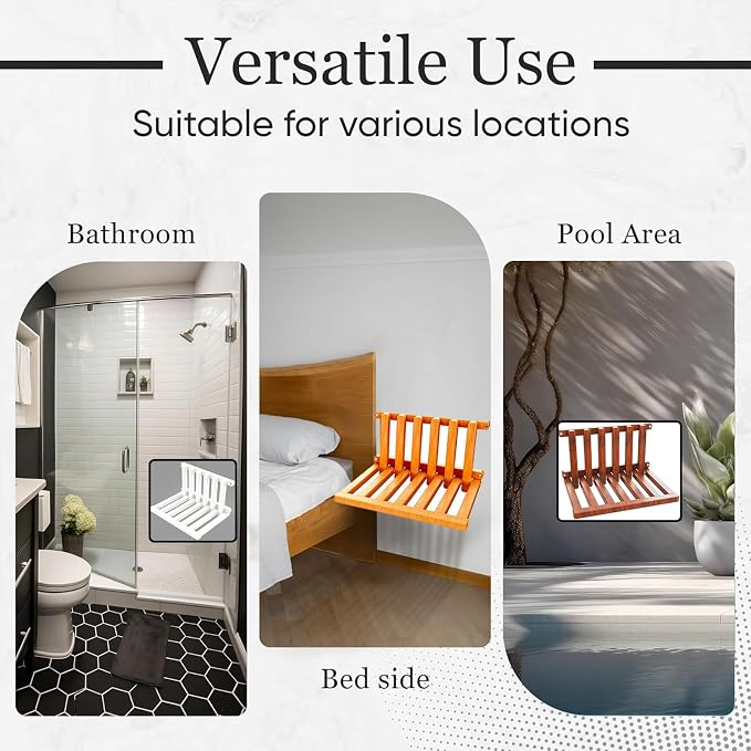 The folding stool is made of beech wood and can withstand 400 pounds. The surface is coated with Transparent paint and polished. Used for changing shoes, showering, folding bedside table(Walnut paint)