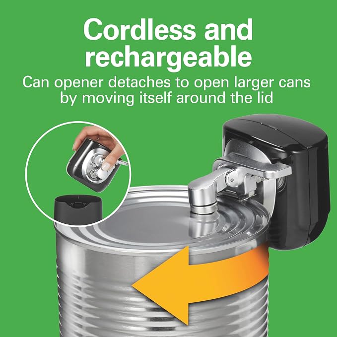 Hamilton Beach FlexCut 2-in-1 Cordless Rechargeable Electric Can Opener | With Removable Automatic Walking Cut Head | Detachable Easy Clean Blade | Opens All Size Cans | Extra Tall | Black | 76611FG