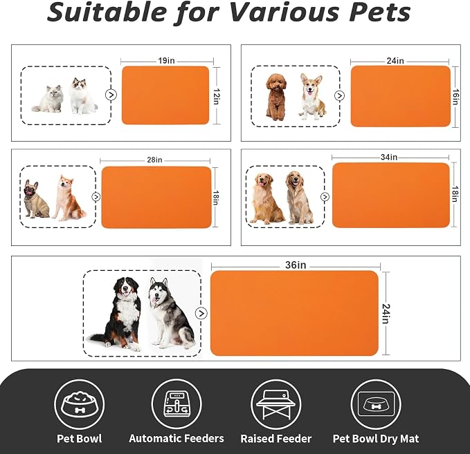 HotLive Dog Food Mat - Absorbent Cat Mat for Food and Water, No Stains Pet Feeding Bowl Mat, Easy to Clean Pet Placemats, Quick Dry Dog Water Dispenser Mat for Messy Drinkers | Orange 18"x34"