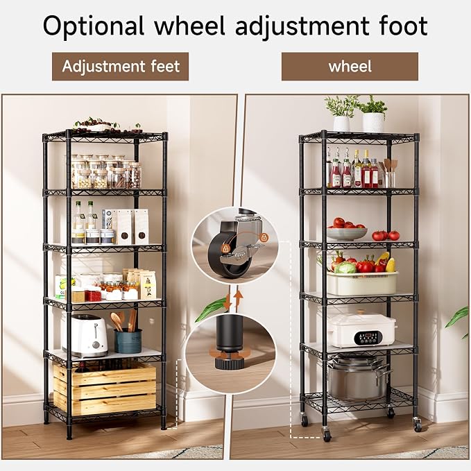 Golpart Small 6 Tier Shelves Storage Wire Shelving Unit Metal Shelf Adjustable Organizers Storage Shelving with Wheels for Bathroom Laundry Room Kitchen Pantry11.7”D x 17.7”W”W x 61.6”H Black