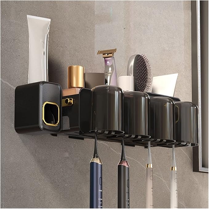 Toothbrush Rack 2PCS Wall Mounted Bathroom Toothbrush Holder for Makeup, Shaver Storage Rack, with Mouthwash Cup, Toothpaste Squeezer Kit Bathroom Toothbrush Holder(C)