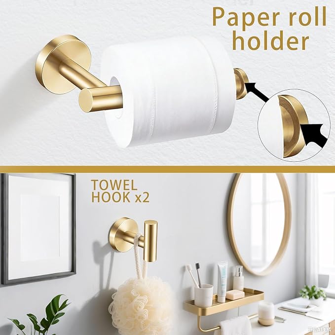 5 Pieces Bathroom Hardware Accessories Set Brushed Gold, 24Inch Bathroom Towel Rack Set SUS304 Stainless Steel, Round Toilet Paper Holder Heavy Duty, Wall Mounted