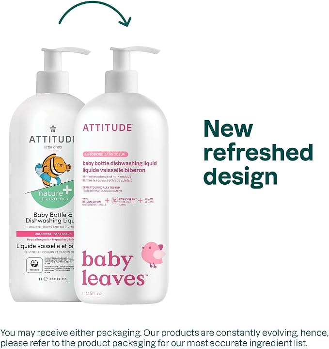 ATTITUDE Baby Bottle & Dish Soap, EWG Verified Bottle Cleaner, Fragrance Free & Dye Free, Removes Milk Residue & Grease, Vegan, Unscented, 33.8 Fl Oz (Pack of 6)