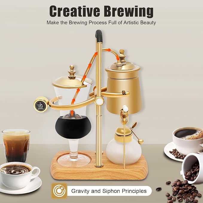 Gold Siphon Coffee Maker, 400ml Vintage Vacuum Coffee Brewer with Wooden Base, Electric Glass Balance Siphon Pot for Home, Kitchen, Coffee Shop - Manual Brewing Equipment with Measuring Cup & Spoon