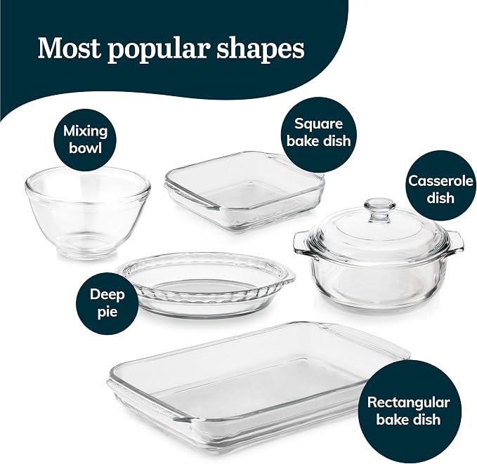 Libbey Baker’s Basics 5 Piece Glass Baking Dish Set with 1 Lid, Stackable, Clear Versatile Casserole Dish Set, Baking Glassware Set for Food Prep
