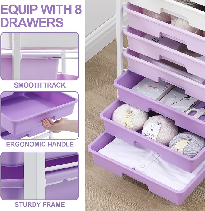 SYKIARIOL Rolling Cart with Drawers,Utility Cart With 8 Drawers and Wooden Tabletop for Living Room,Classroom,Bedroom,Bathroom,Dorm,Office,Purple