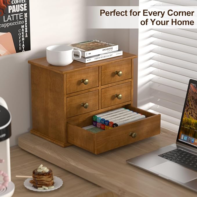 Oak Desk Organizer with Drawers, Durable Wooden Desktop Storage Box with Metal Handles & Non-Slip Silicone Pads, 5 Drawer Tabletop Organizer for Office, Bedroom, Bathroom, Vanity, and Makeup – Walnut