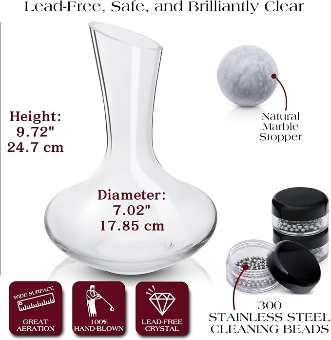 Gusto Nostro Crystal Wine Decanter with Marble Stopper - Premium Hand-Blown Lead-Free Glass Wine Decanter for Red Wines - 750ml Carafe for Wines with Natural Stone Round Stopper - Sleek Slanted Design