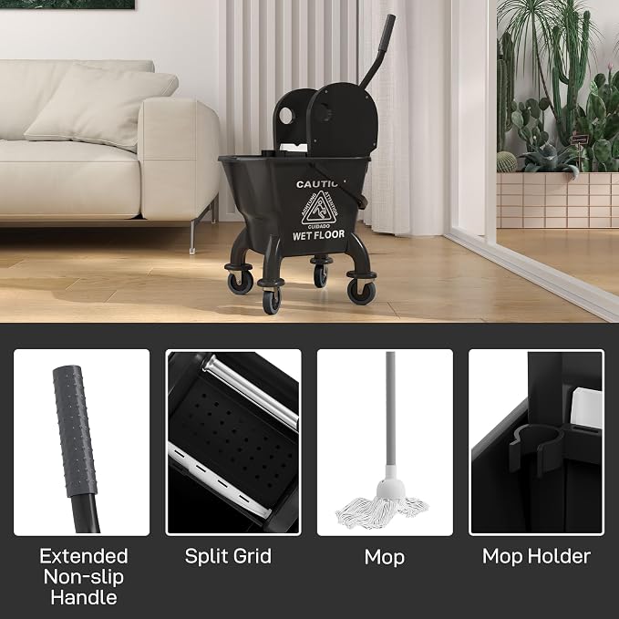 HOMCOM Mop Bucket with Wringer on Wheels, 27.5 Quart, with Mop, Black | Down Press Wringer, Handle and Mop, Floor Cleaning