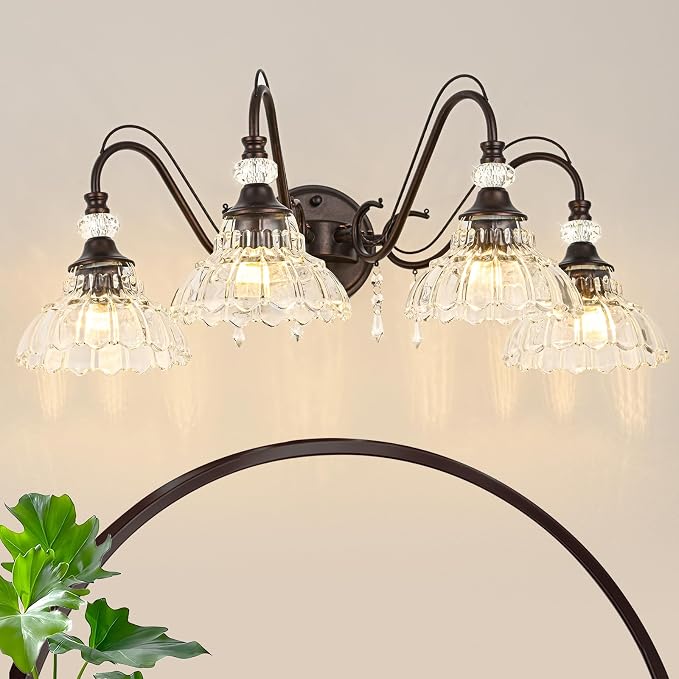 Vintage Bathroom Vanity Light, 4-Light Oil Rubbed Bronze Finish Wall Sconce with Hanging Crystal Accents and Flower-Shaped Clear Glass Shades, Retro Wall Mount Vanity Light Over Mirror for Bathroom