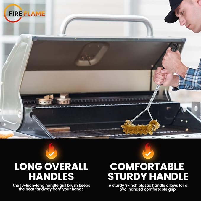 Fireflame BBQ Grill Brush – Non-Scratch Brass Bristles - 16-Inch Long Handle Barbecue Grill Cleaning Brush - Wide-Faced Spiral Heavy-Duty – Made in The USA